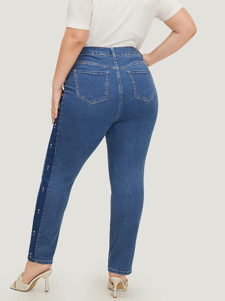 Pearl Beaded Patchwork Medium Wash Jeans