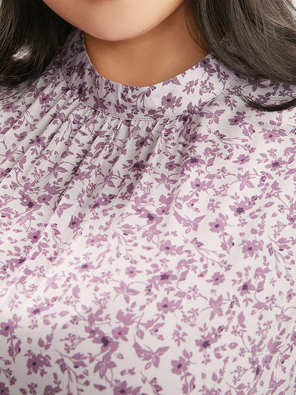 Ditsy Floral Keyhole Pocket Belted Mock Neck Ruffles Dress