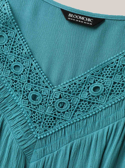 Lace Neck Flared Sleeve Midi Dress