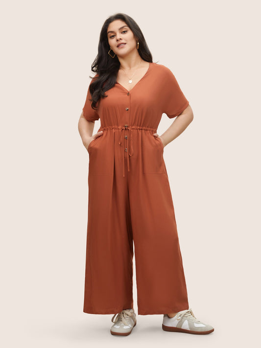 Plain Button Up Drawstring Gathered Pocket Jumpsuit