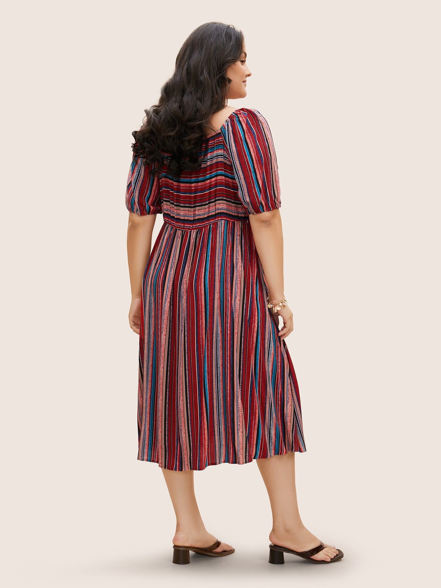 Heart Neckline Striped Lantern Sleeve Dress