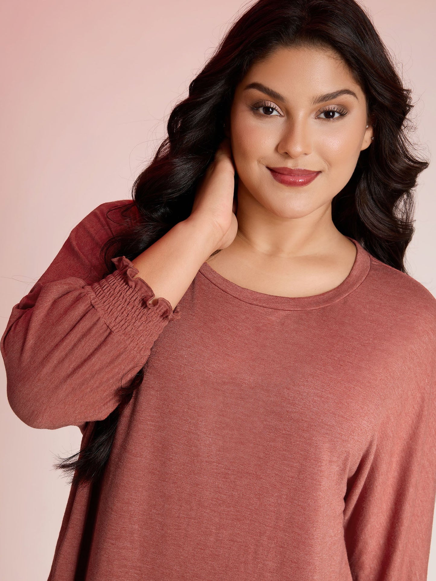 Shirred Cuff Sleeve Round Neck T-Shirt