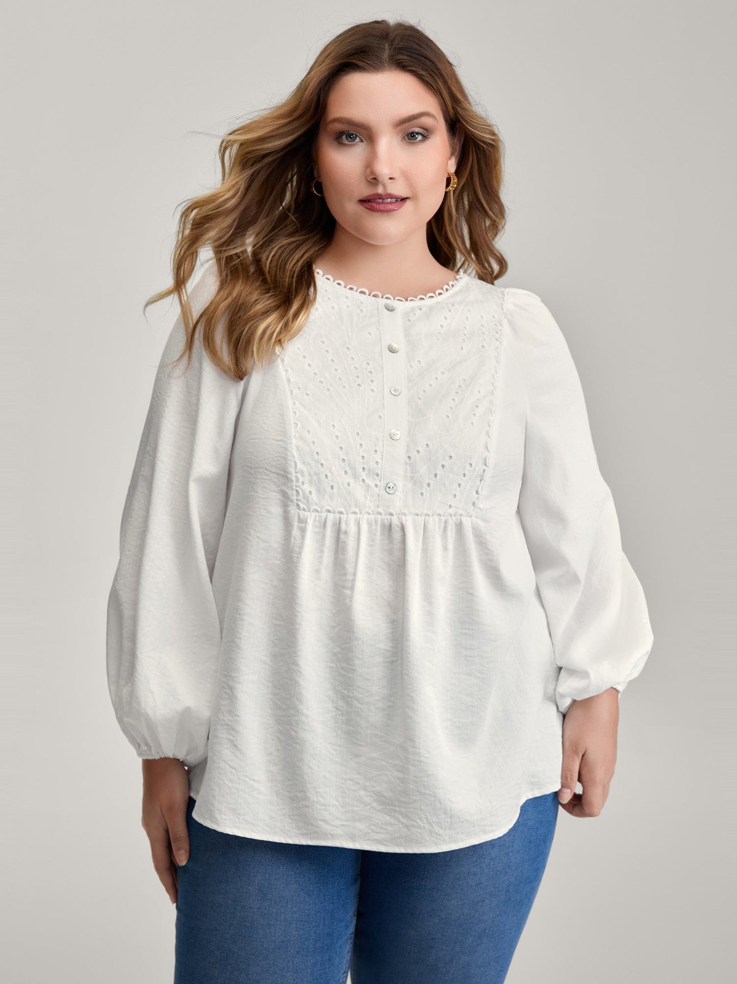 Lace Trim Button Decor Blouse