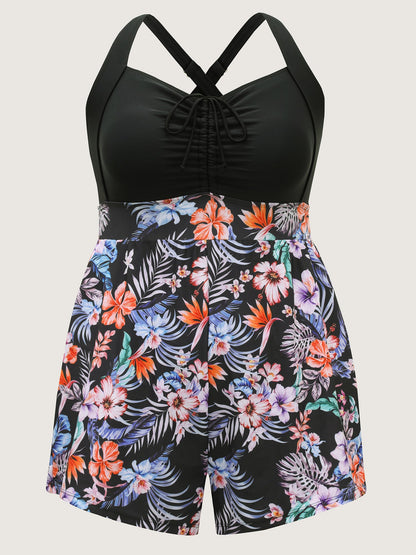 Tropical Print Drawstring Pockets Swim Romper