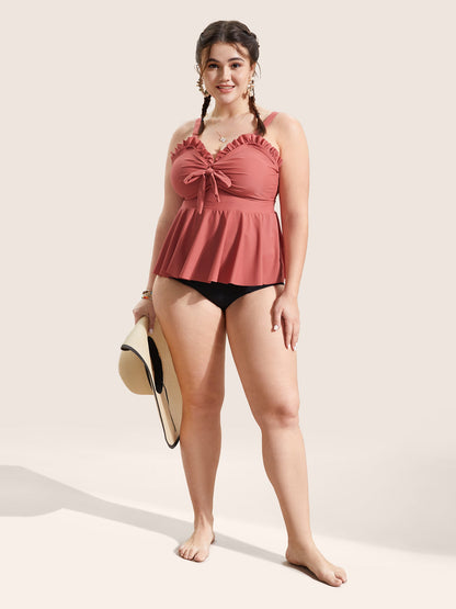 Solid Tie Knot Ruched Frill Trim Swim Top