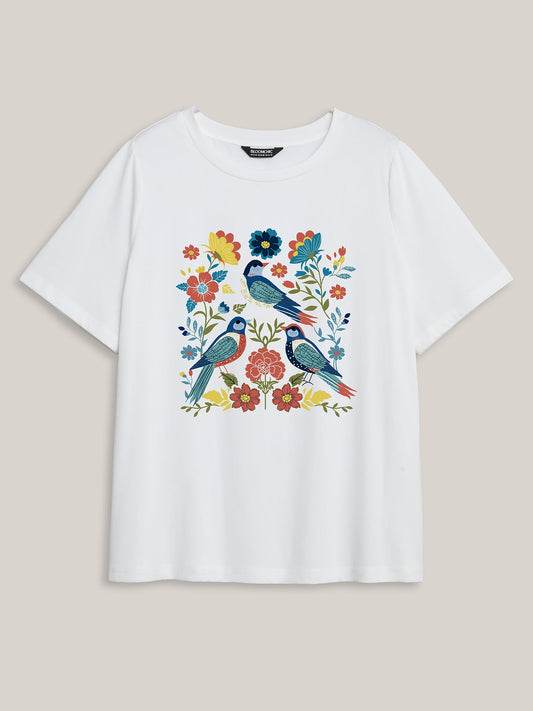 Little Birdie Print Round Neck T-Shirt