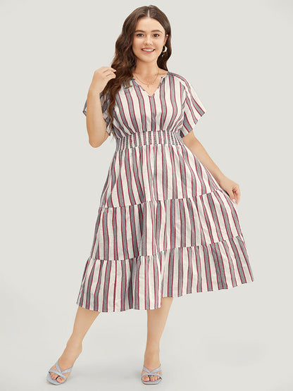 Striped Contrast Pocket Shirred Flutter Tiered Dress