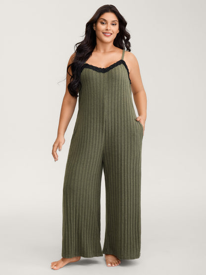 Ribbed Texture Lace Adjustable Lounge Jumpsuit