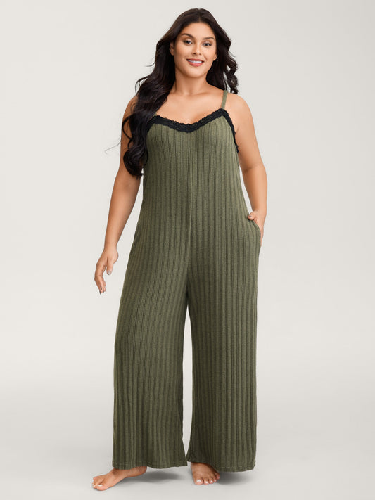 Ribbed Texture Lace Adjustable Lounge Jumpsuit