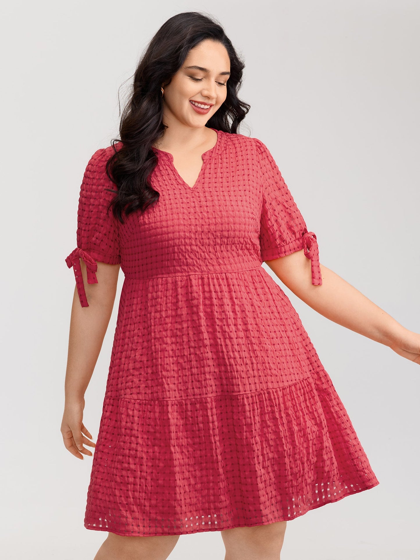 Check Textured Knot Sleeve Knee-Length Dress