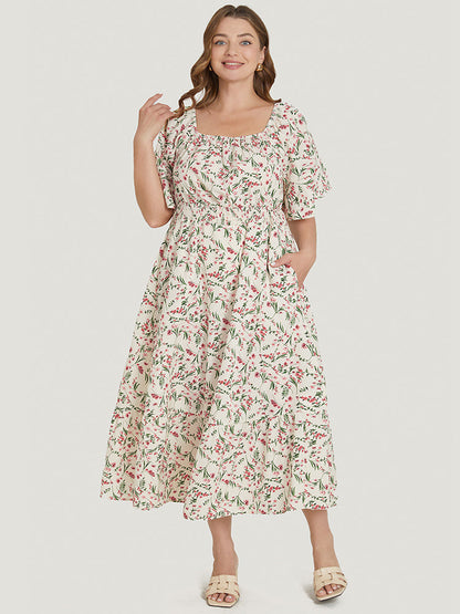 Ditsy Floral Pocket Square Neck Shirred Ruffles Dress