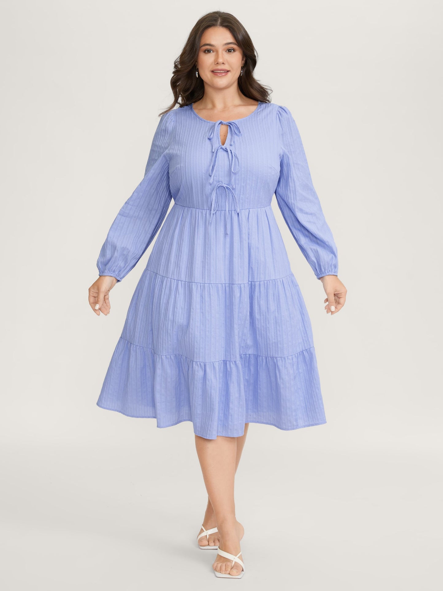 Cotton Textured Bow-Tie Detail Tiered Midi Dress