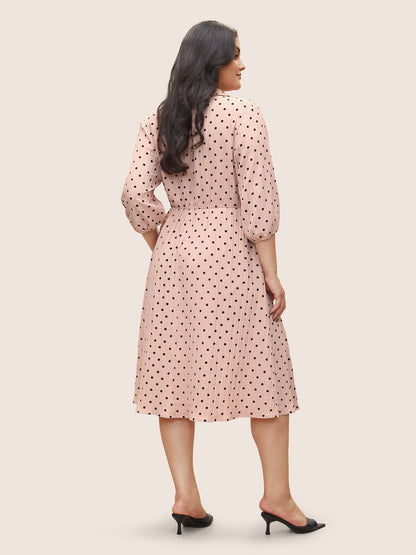 Polka Dot Textured Elastic Waist Button Up Dress