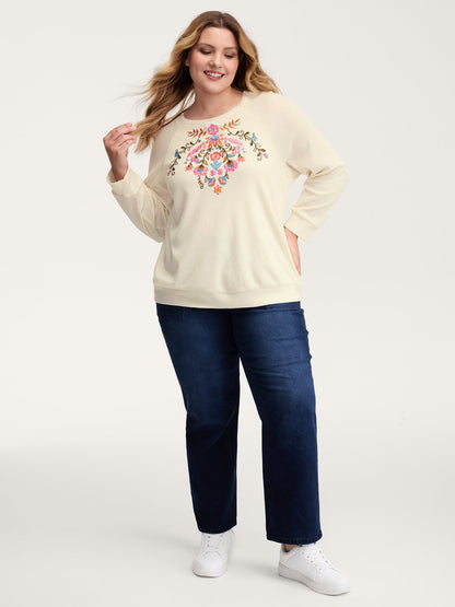 Colorful Floral Embroidery Anti-Abrasion Collar Sweatshirt
