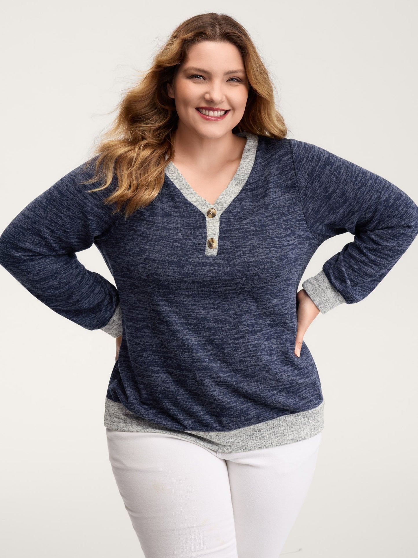 Color Contrast V-Neck Button Sweatshirt