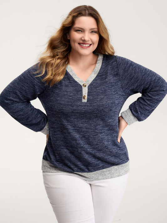 Color Contrast V-Neck Button Sweatshirt