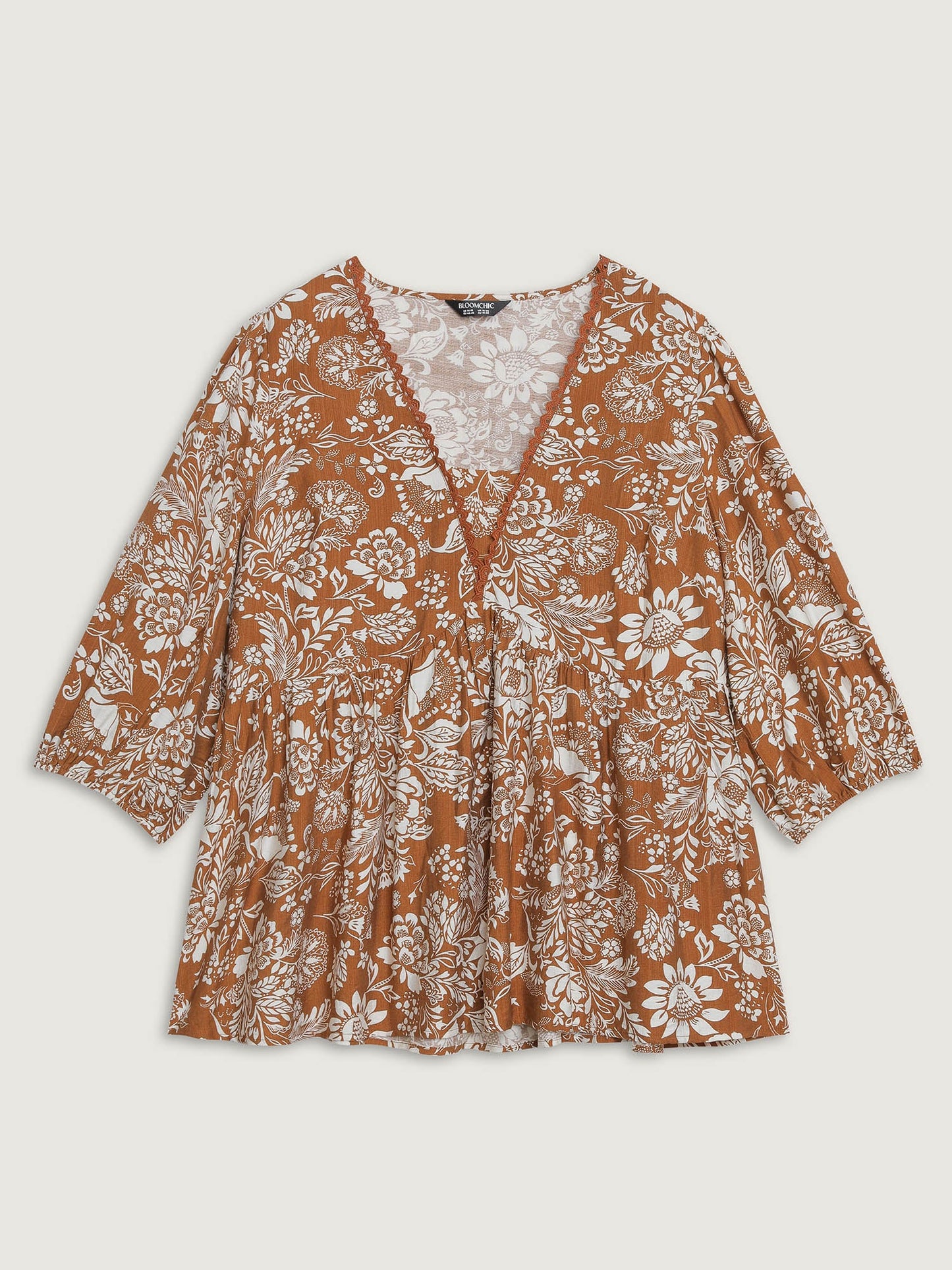 Floral Print Lace Neckline Pleated Blouse