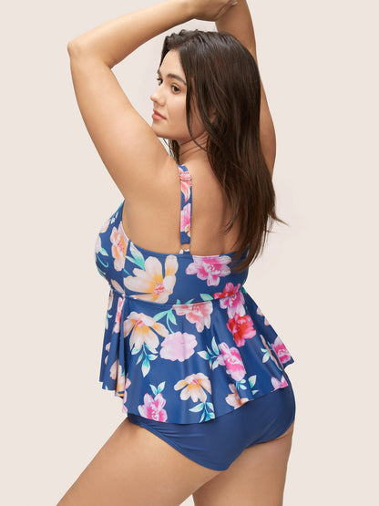Floral Ruffle Hem Adjustable Straps One Piece Swimsuit