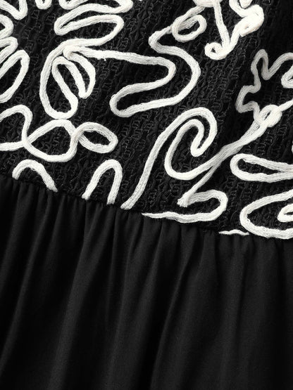 Floral Embroidered Pockets Spliced Midi Dress