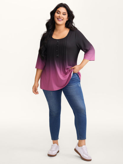 Color Gradient Pleated Button T-Shirt