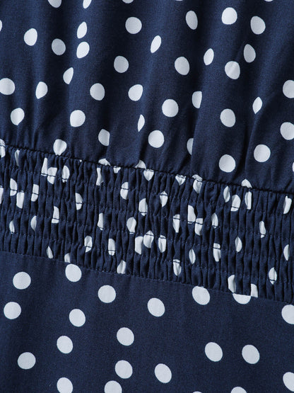 Polka Dots Shirred Drawstring Neck Midi Dress