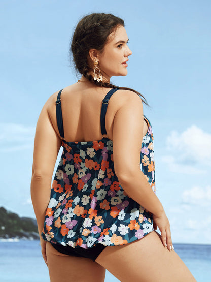 Floral Patchwork Round Buckle Detail Swim Top