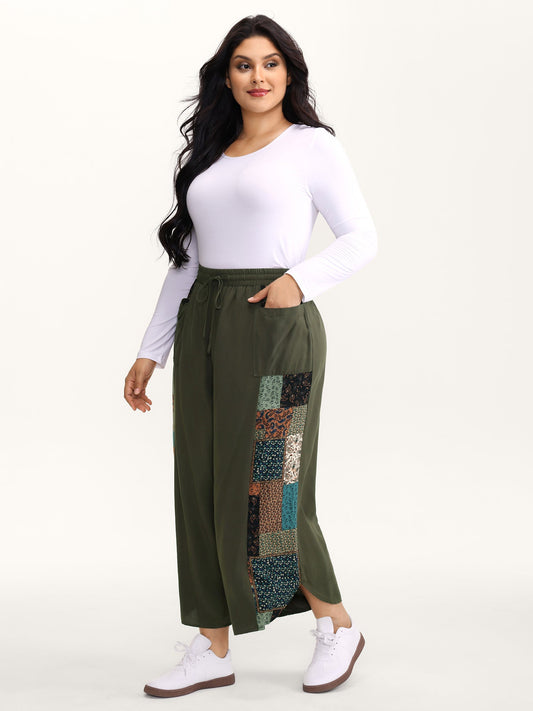 Patch Print Drawstring Wide-Leg Pants