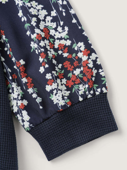 Textured Floral Sleeve V-Neck Sweatshirt