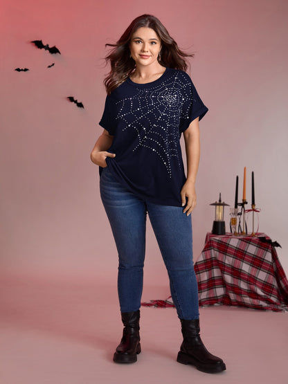 Spiderweb Rhinestone Stretchy Solid T-Shirt