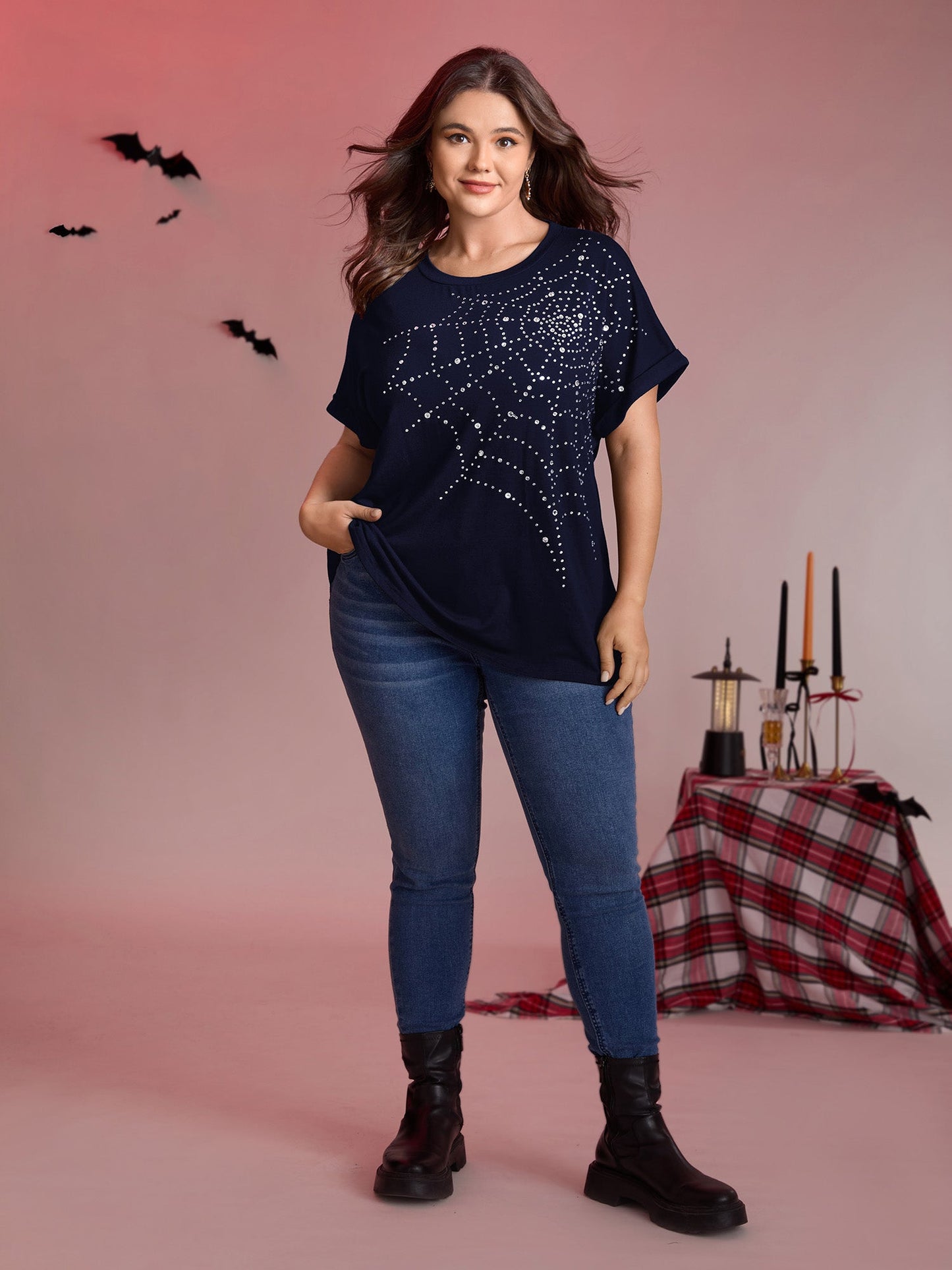 Spiderweb Rhinestone Stretchy Solid T-Shirt