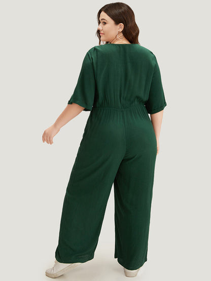 Plain Textured V Neck Pocket Button Through Drawstring Jumpsuit