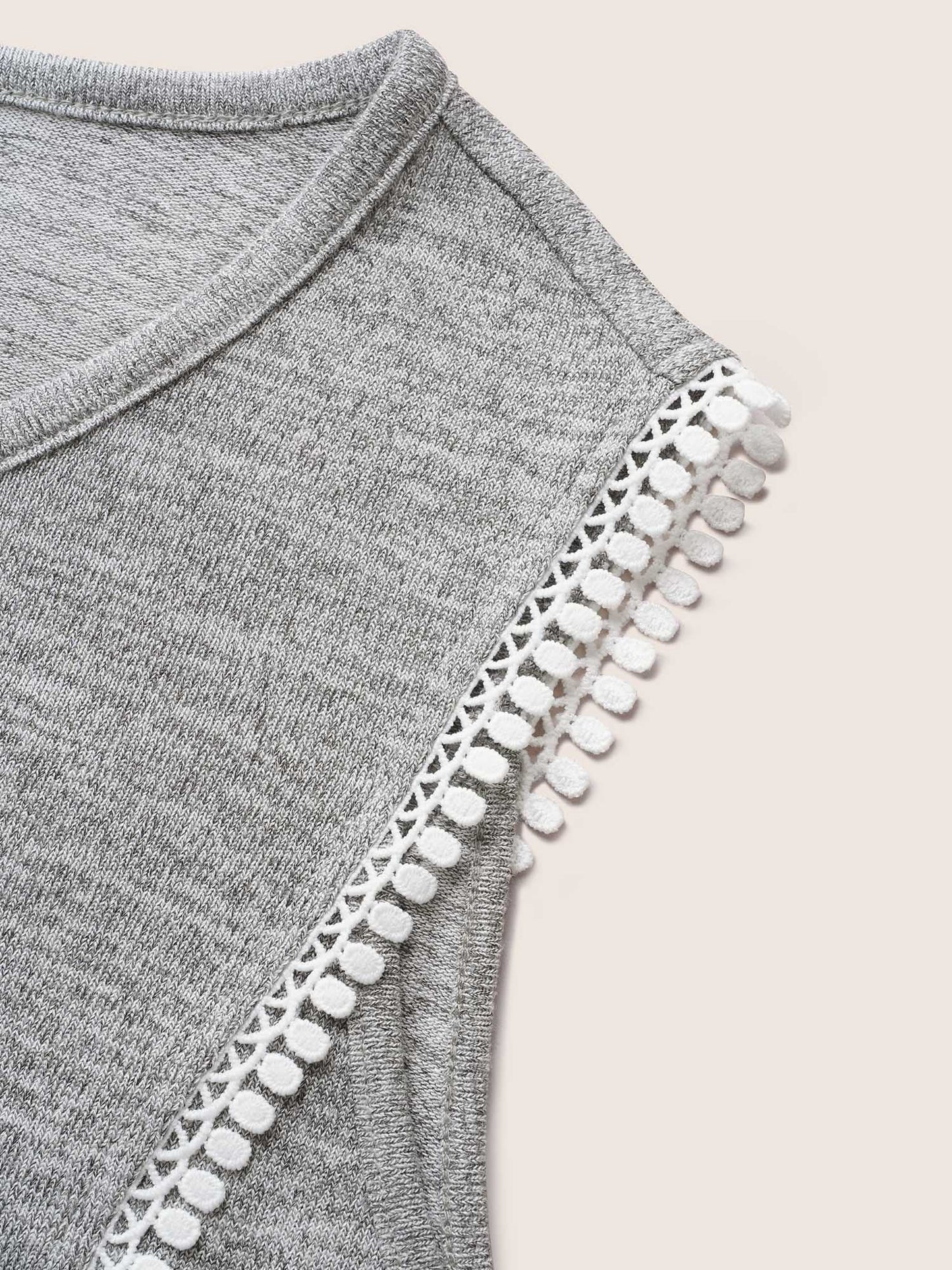 Textured Lace Up Tassel Pompom Trim Tank Top
