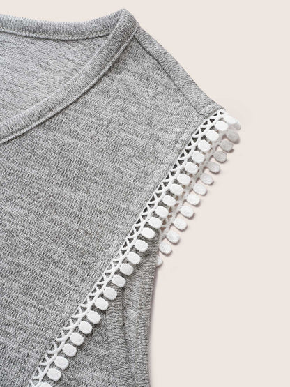 Textured Lace Up Tassel Pompom Trim Tank Top