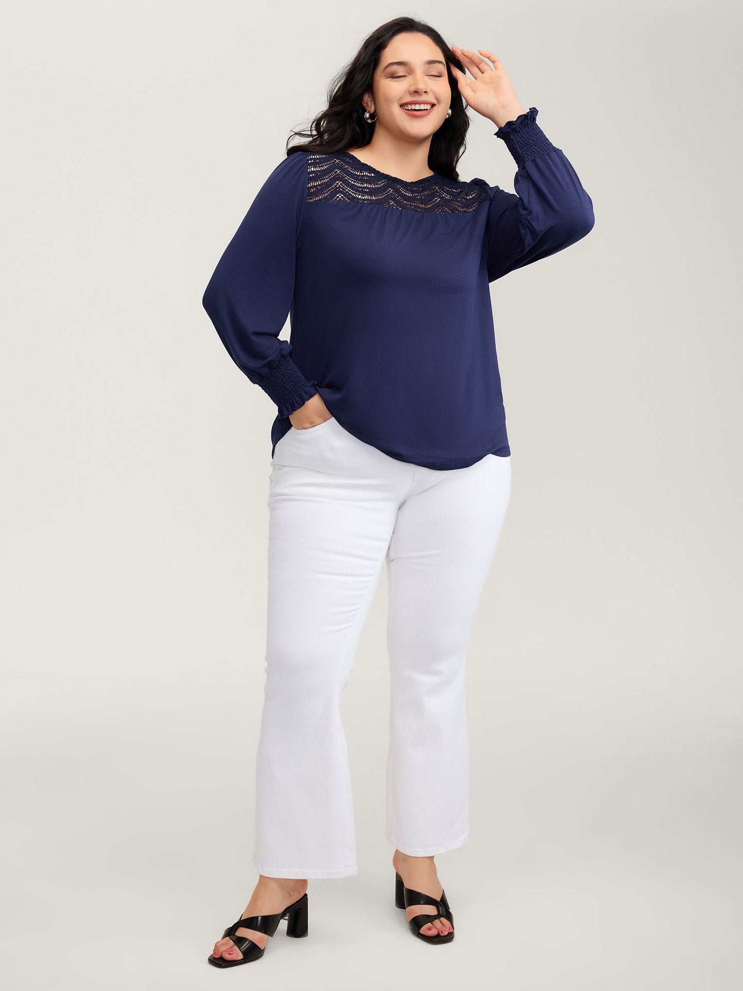 Lace Sheer Neckline Balloon Sleeve Knit Top