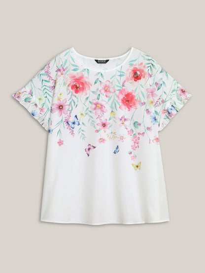 Floral Bodice Round Neck Flared Blouse