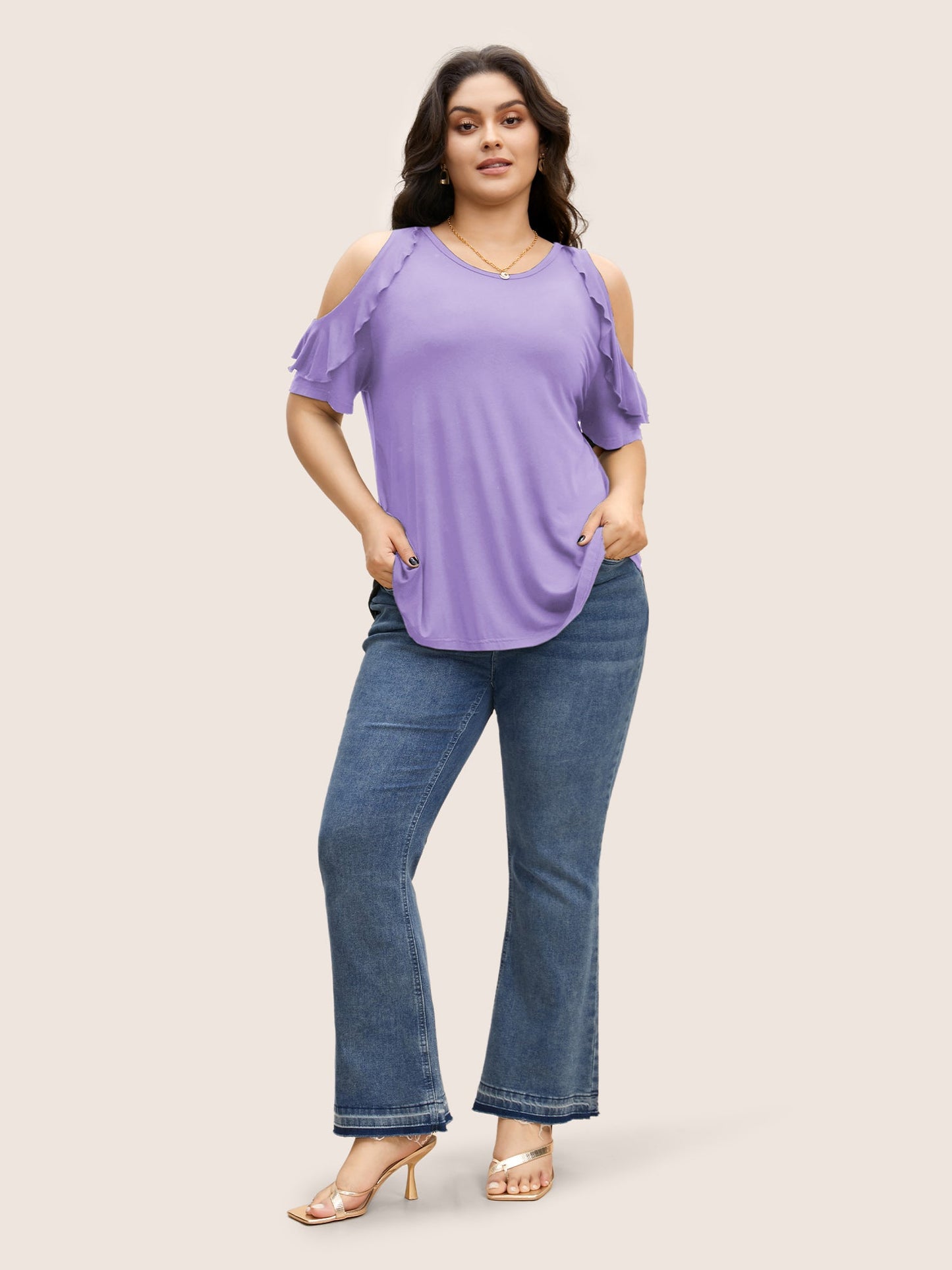 Solid Cold Shoulder Ruffle Trim T-shirt