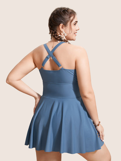 Plain Overlap Collar Ruched Swim Dress