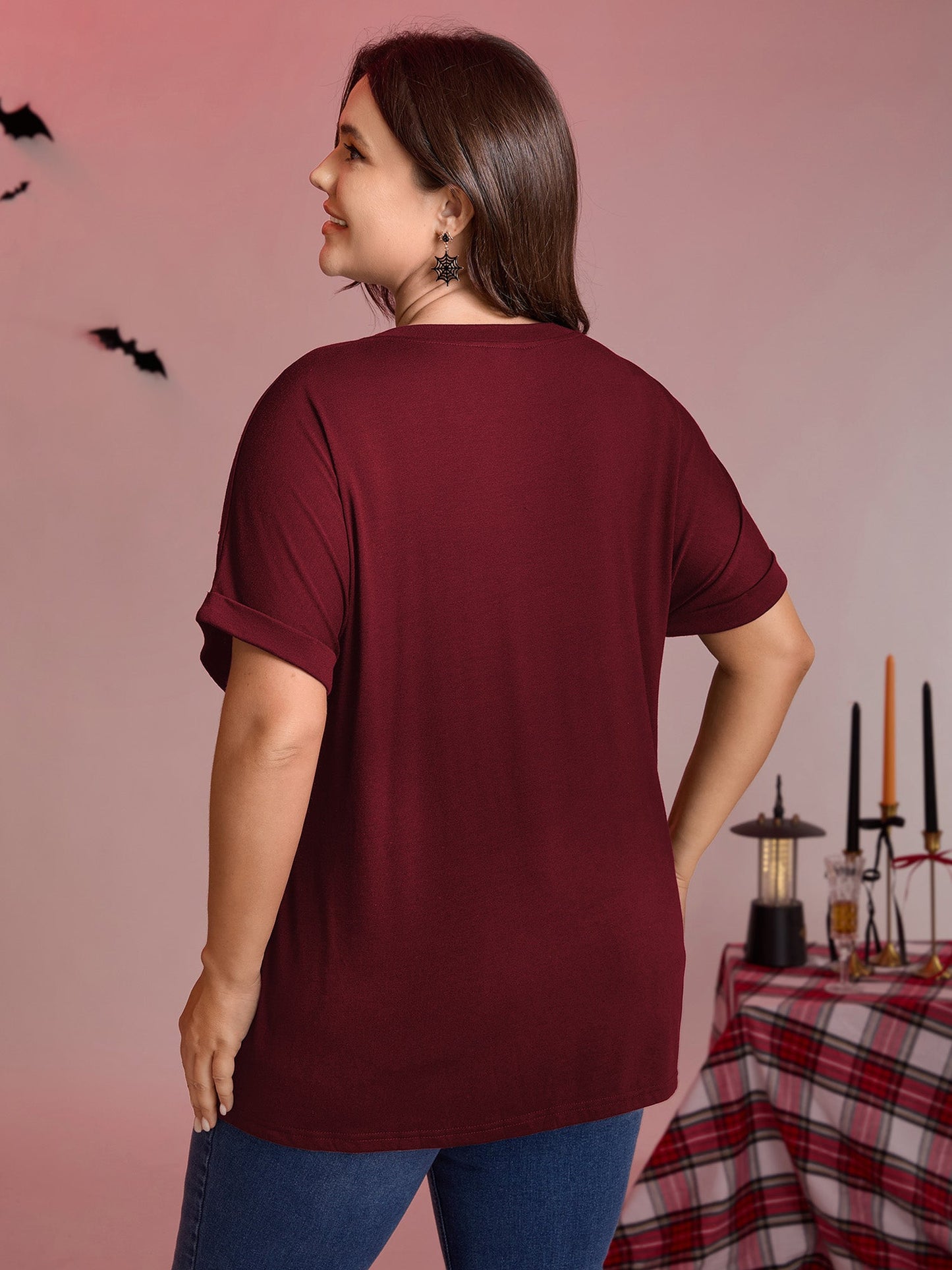 Spiderweb Rhinestone Stretchy Solid T-Shirt
