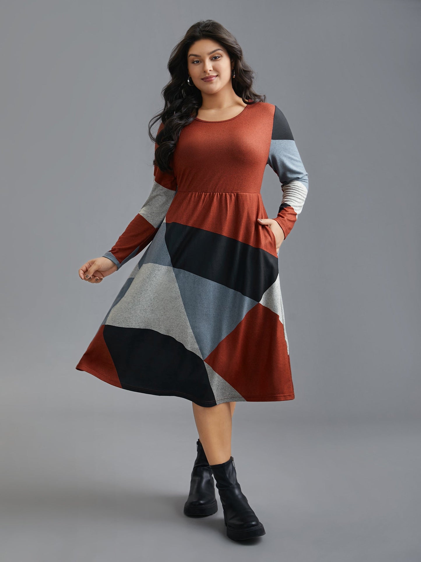 Round Neck Geometric Colorblock Contrast Dress