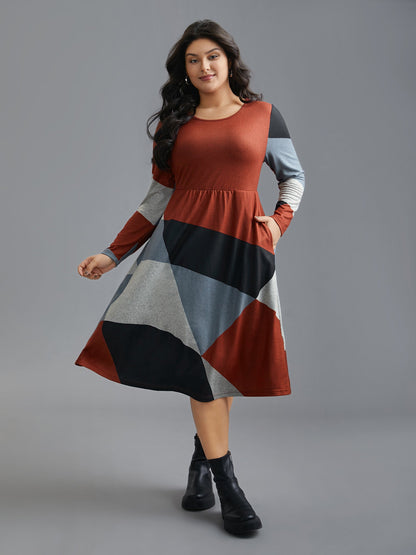 Round Neck Geometric Colorblock Contrast Dress