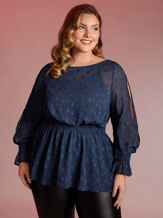 Star Jacquard Print Shirred Ruffled Blouse