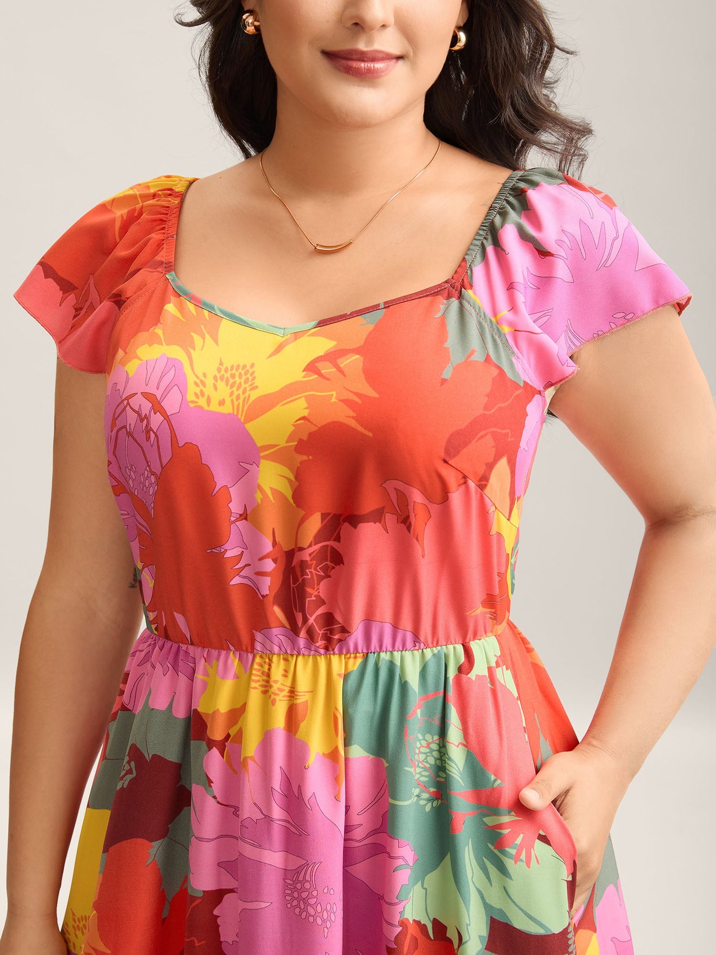 Colorful Large Flower Print Pockets Midi Dress