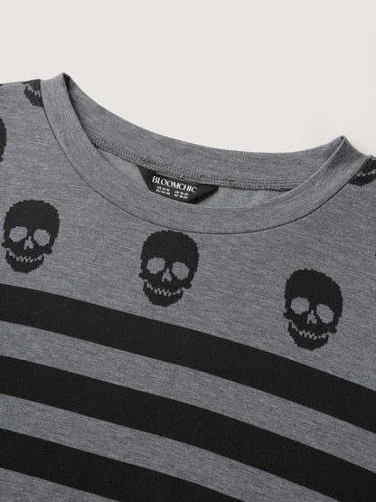 Skull Stripe Print Crewneck Sweatshirt