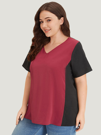 Colorblock Contrast Patchwork V Neck Blouse