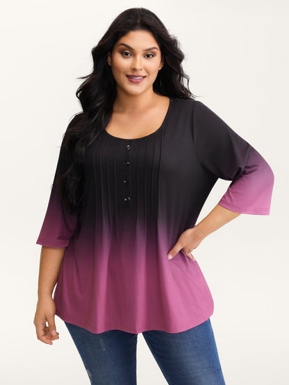 Color Gradient Pleated Button T-Shirt