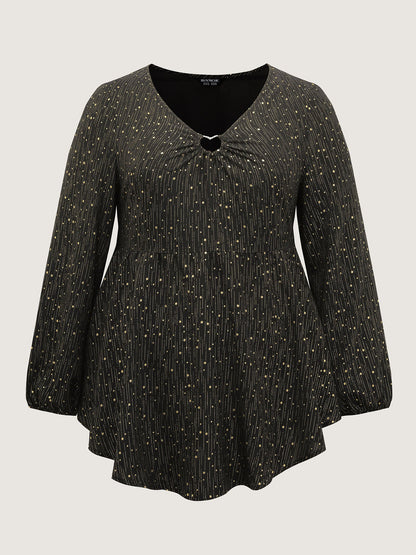 Gold Stamp Ruched Neckline Flowy Blouse