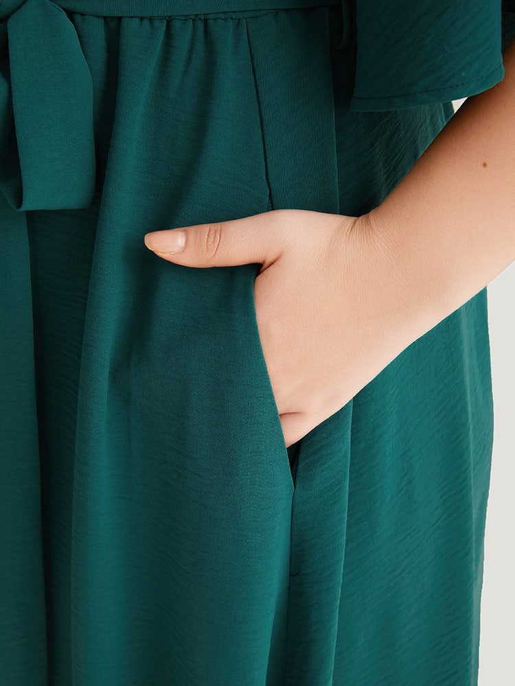 Plain Belted Laser Cut High Low Hem Dress