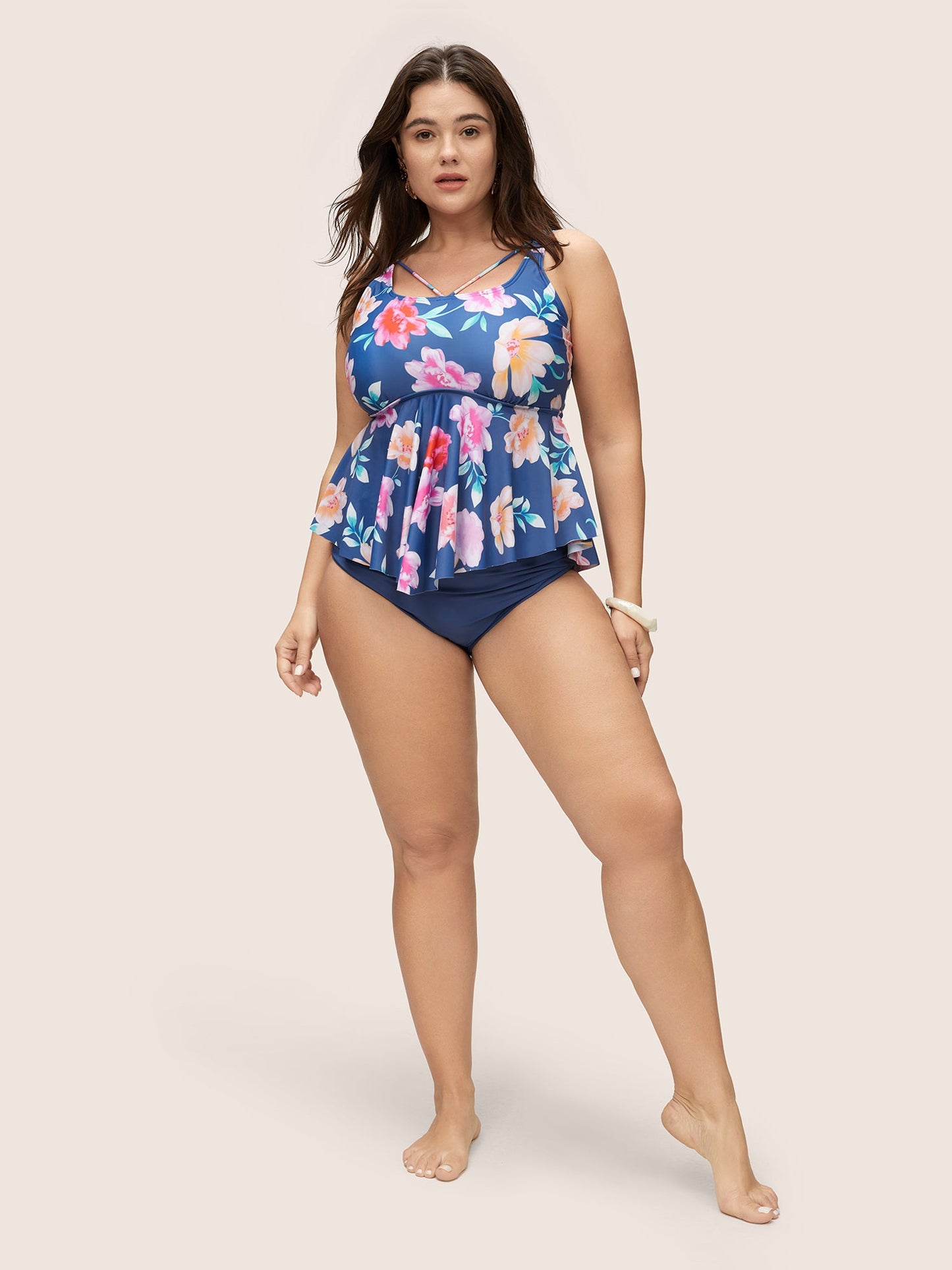 Floral Ruffle Hem Adjustable Straps One Piece Swimsuit