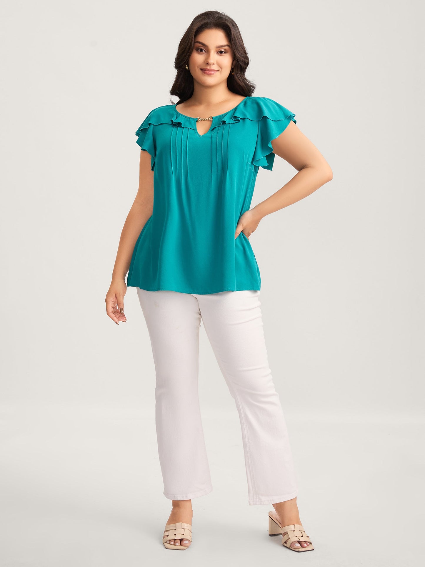 Ruffled Neck Metal Cut-Out Blouse