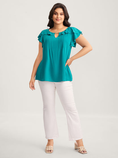 Ruffled Neck Metal Cut-Out Blouse